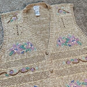 Vintage 90s Stephanie K Embroidered Floral Button Sweater Vest Cottagecore sz XL